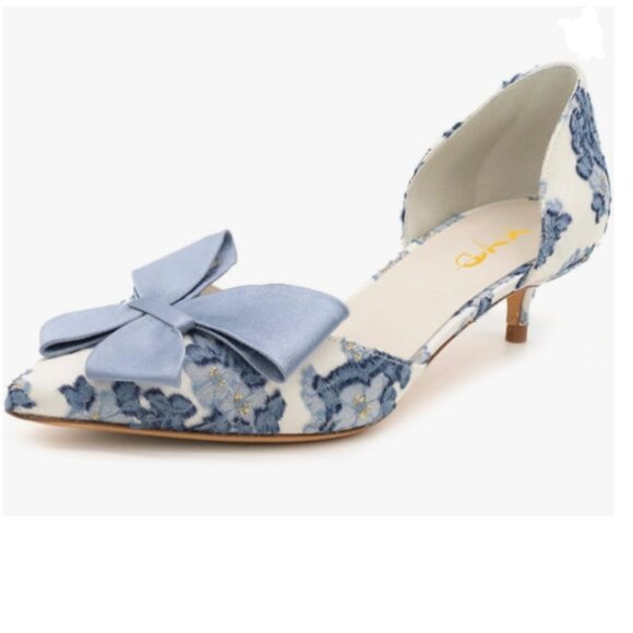XYD Blue Bloom Embroidery D'Orsay Kitten Heel Bridal Bowknot Pump Point Toe Shoe - Picture 1 of 8
